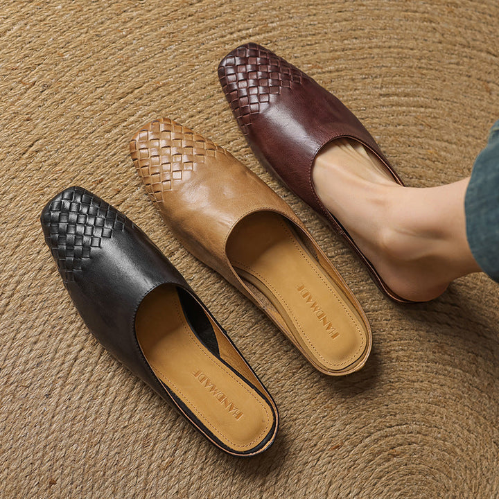 Women's Orthopaedic Genuine Leather Woven Square Toe Loafer Mules