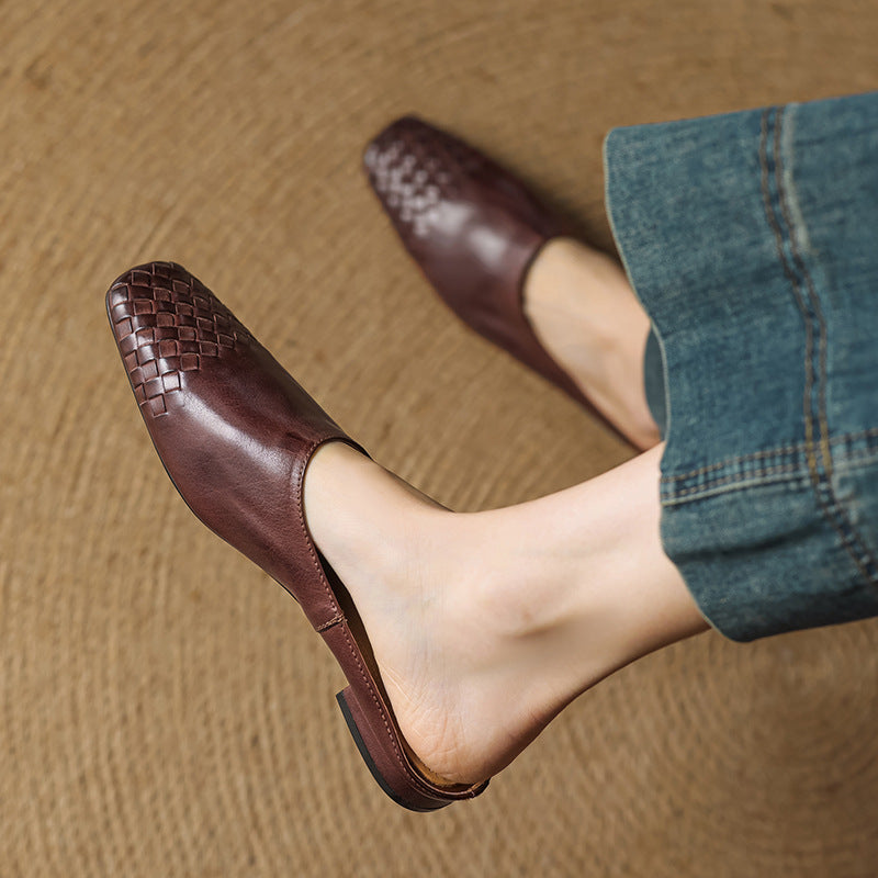 Women's Orthopaedic Genuine Leather Woven Square Toe Loafer Mules