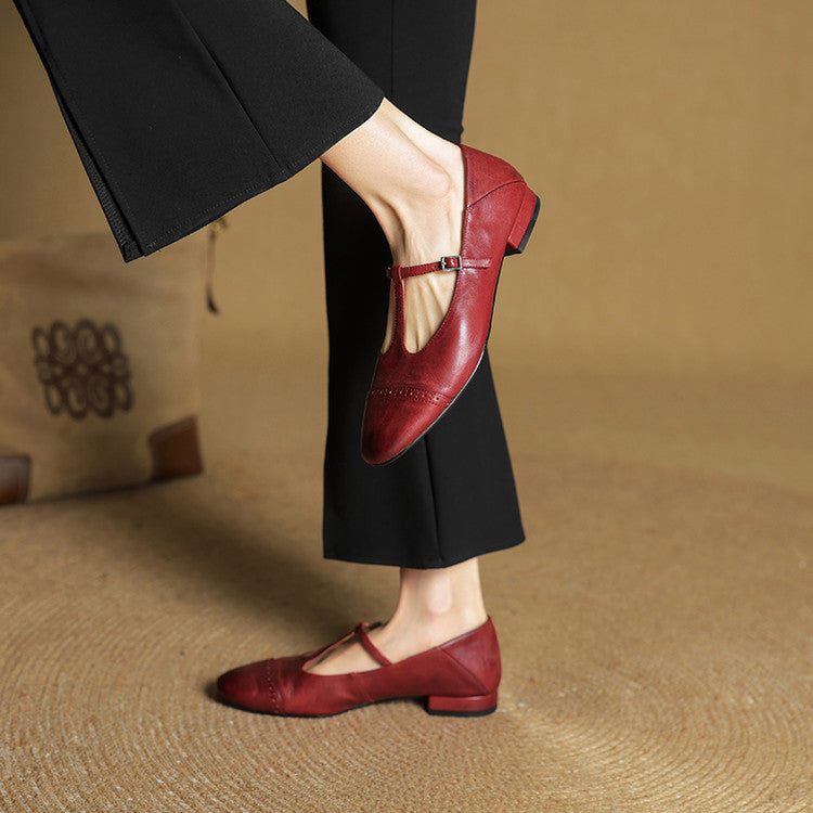 Women's Genuine Leather Buckle Strap Brogue Detail Shoe