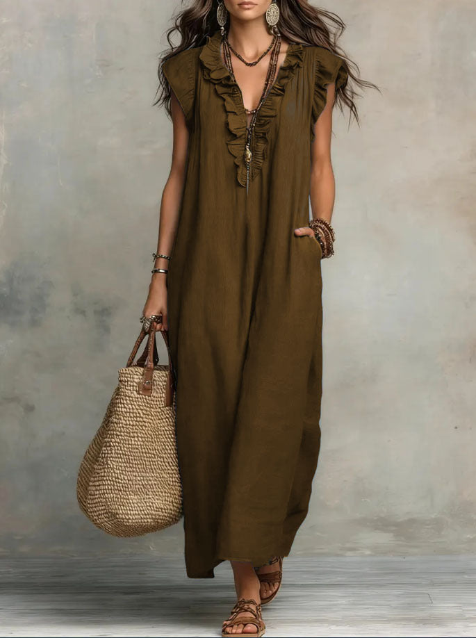 Women's Linen Ruffle Trim V-Neck Sleeveless Maxi Dress with Pockets