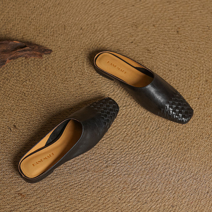Women's Orthopaedic Genuine Leather Woven Square Toe Loafer Mules