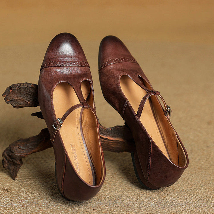 Women's Genuine Leather Buckle Strap Brogue Detail Shoe