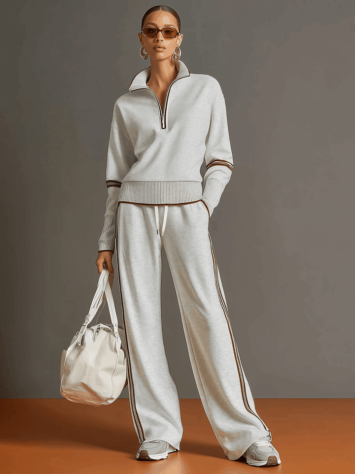 Women's Contrast Trim Half-Zip Jumper and Wide-Leg Trousers Set