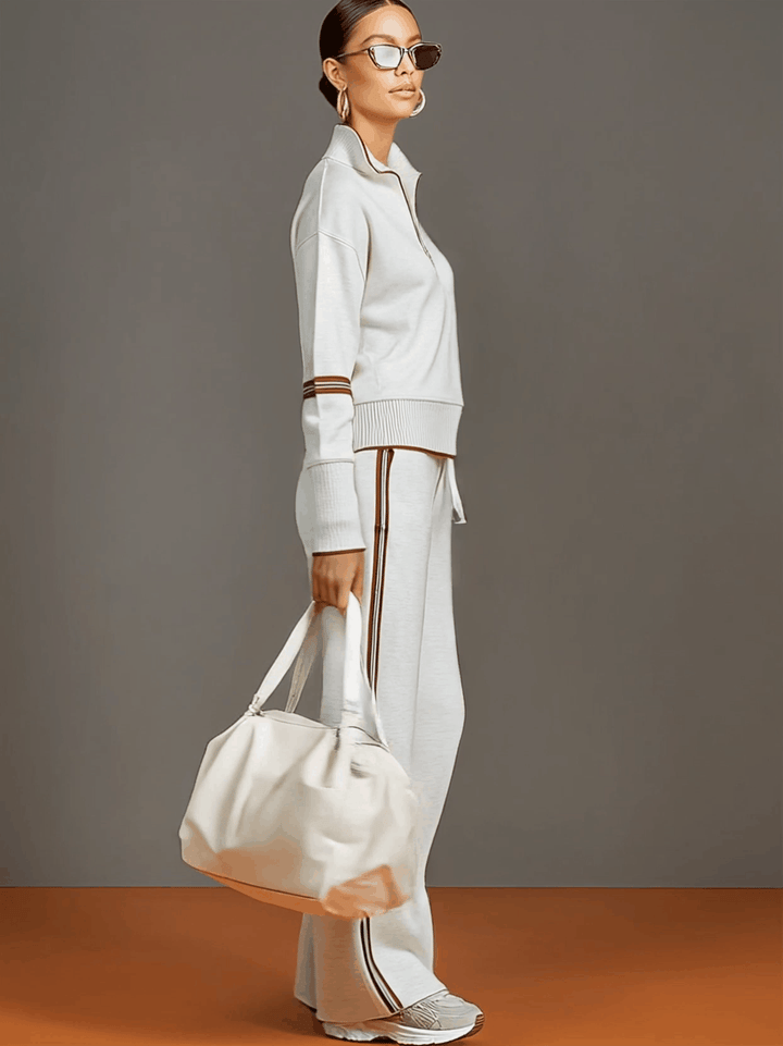 Women's Contrast Trim Half-Zip Jumper and Wide-Leg Trousers Set