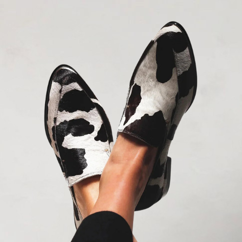 Women's Cow Print Pointed Toe Loafers Low Block Heel