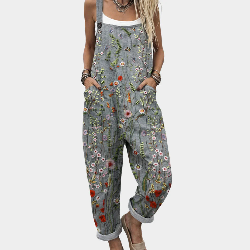 Women's Boho Floral Print Overalls Loose Jumpsuit