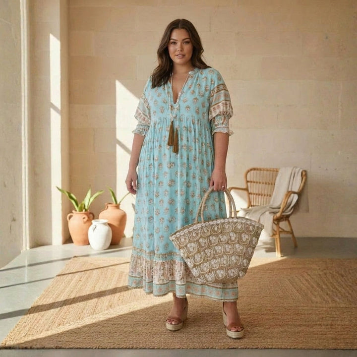 Women's Bohemian Print Midi Dress with Tummy Coverage