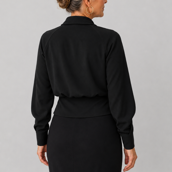 Women's Wrap Blouse with Draped V-Neckline and Long Sleeve Crossover Top