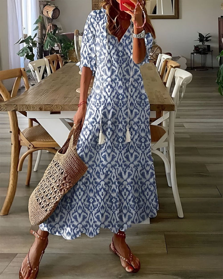 Women's Boho Maxi Dress with Tassel Tie Front and Ruffle Sleeves