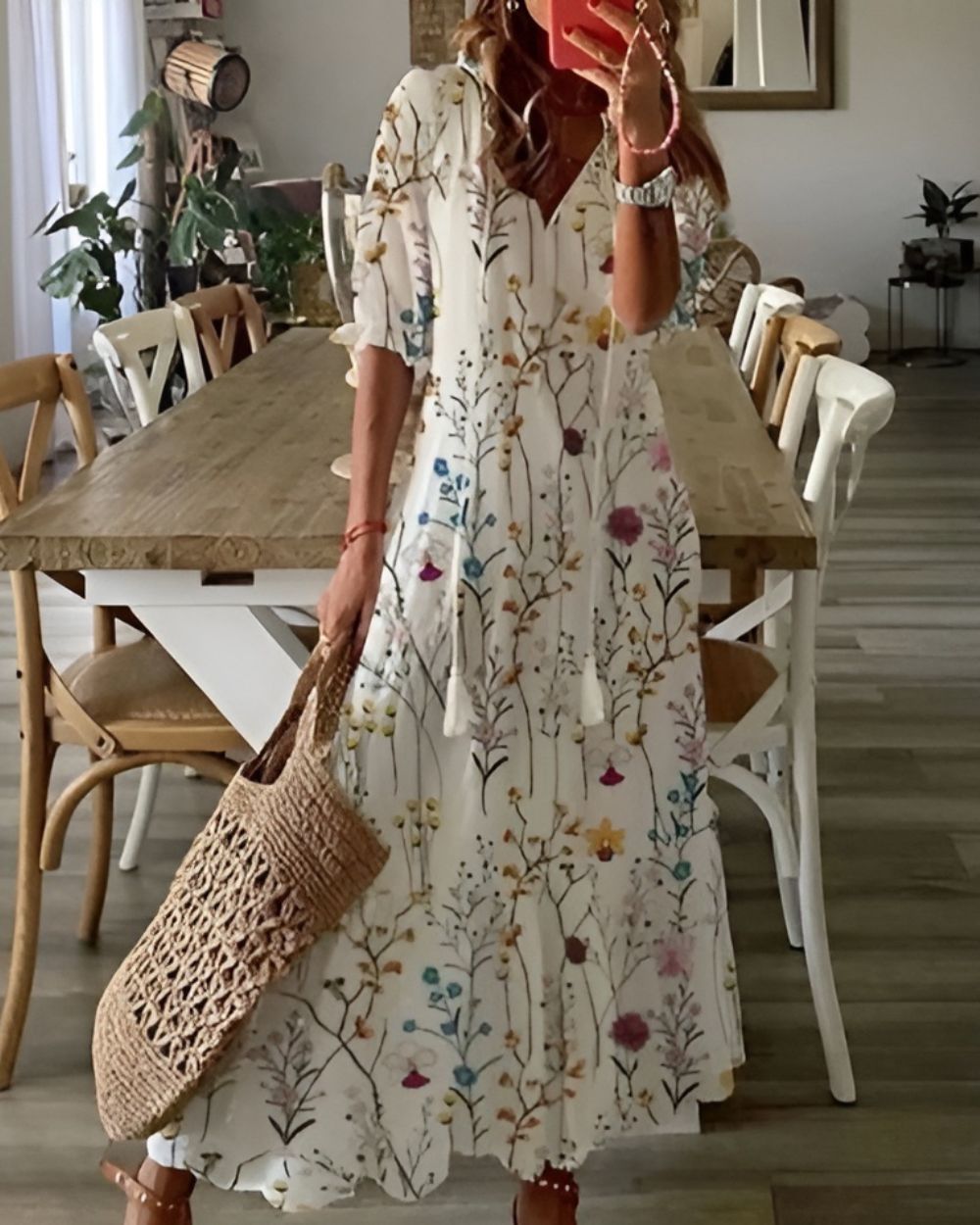 Women's Boho Maxi Dress with Tassel Tie Front and Ruffle Sleeves