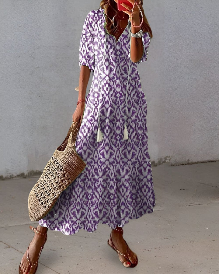 Women's Boho Maxi Dress with Tassel Tie Front and Ruffle Sleeves
