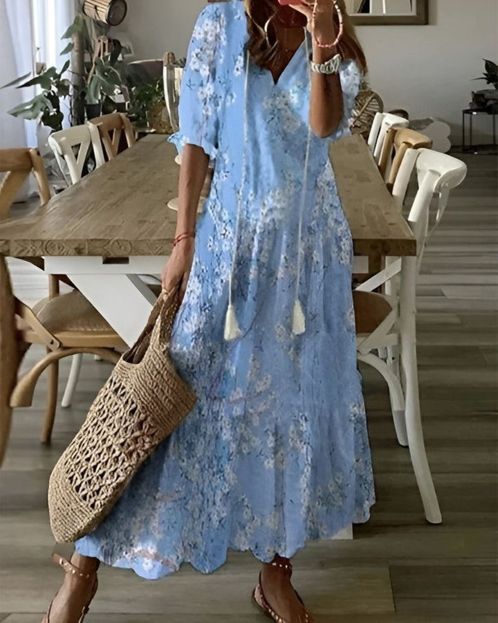 Women's Boho Maxi Dress with Tassel Tie Front and Ruffle Sleeves