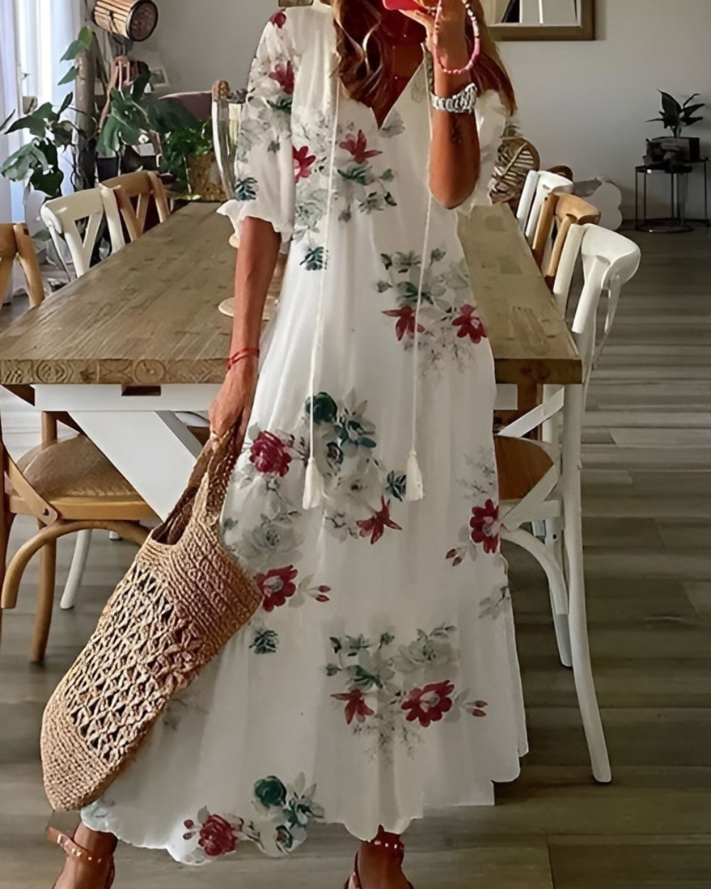 Women's Boho Maxi Dress with Tassel Tie Front and Ruffle Sleeves