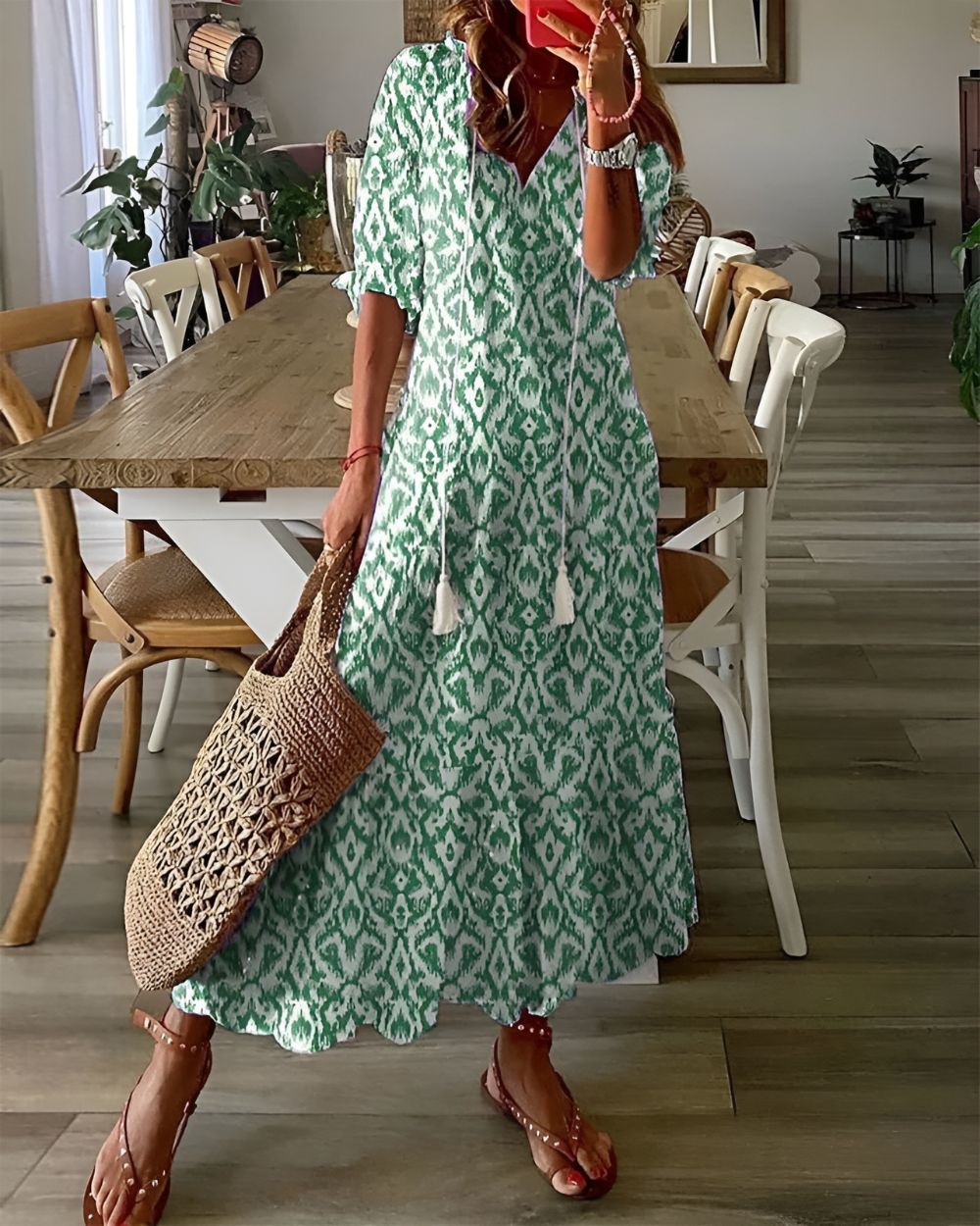 Women's Boho Maxi Dress with Tassel Tie Front and Ruffle Sleeves