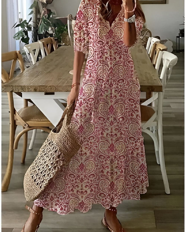 Women's Boho Maxi Dress with Tassel Tie Front and Ruffle Sleeves