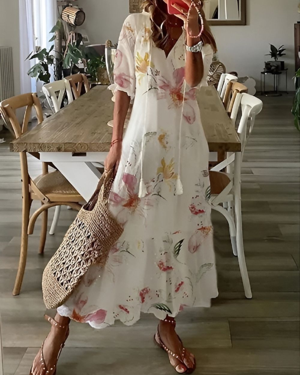 Women's Boho Maxi Dress with Tassel Tie Front and Ruffle Sleeves