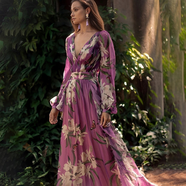 Women's Floral Maxi Dress V-Neck Long Sleeve Cinched Waist