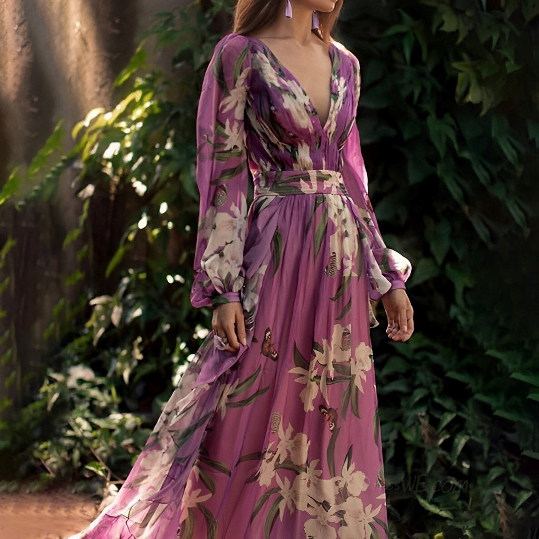 Women's Floral Maxi Dress V-Neck Long Sleeve Cinched Waist