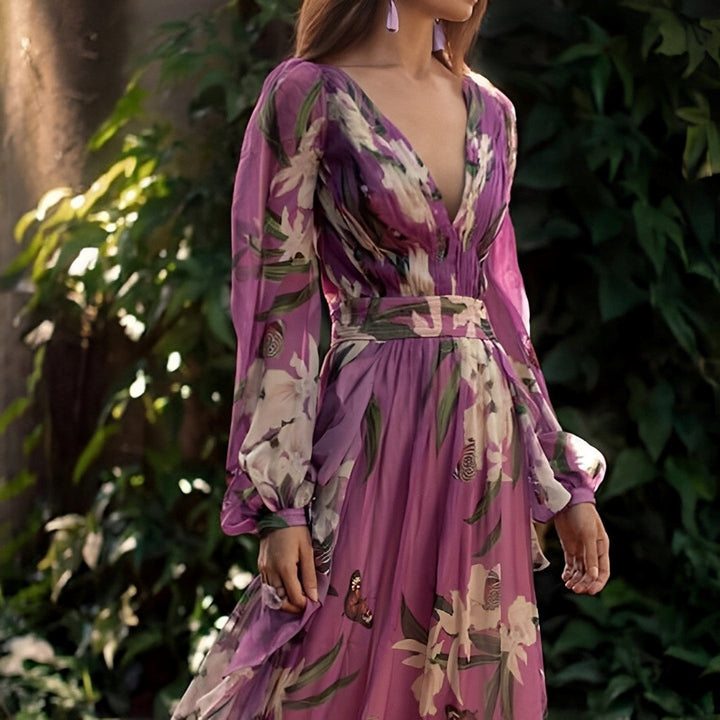 Women's Floral Maxi Dress V-Neck Long Sleeve Cinched Waist