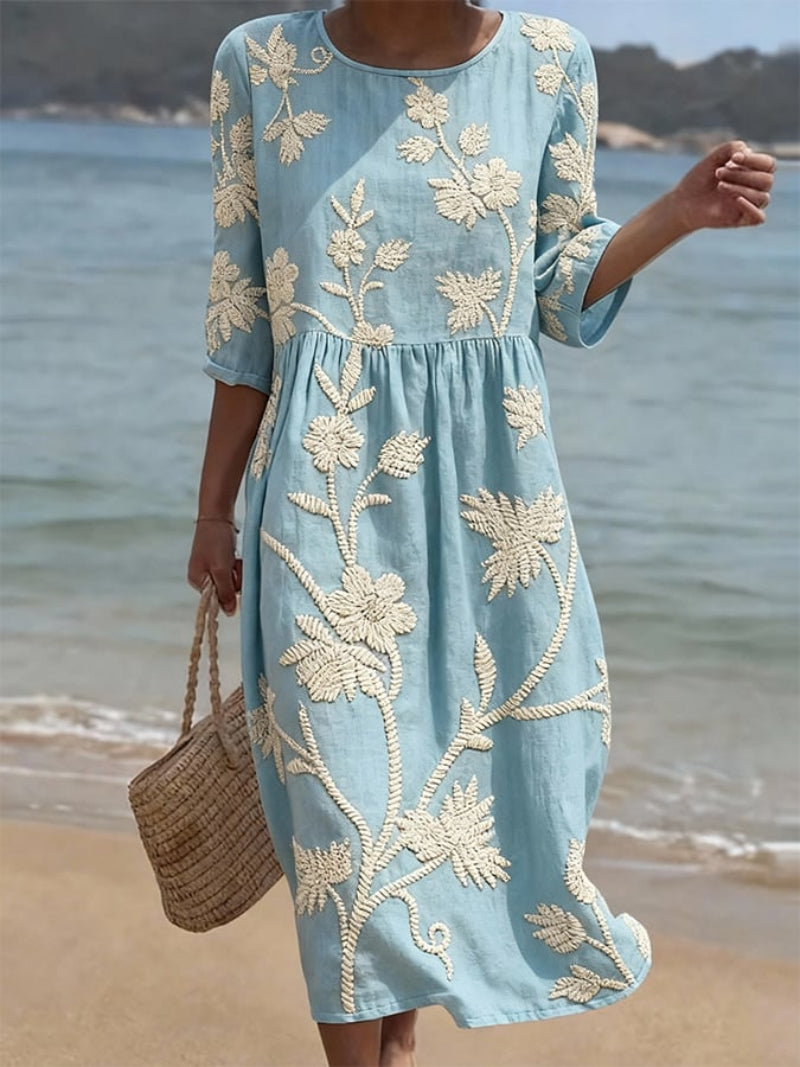 Women's Embroidered Floral Round Neck Sleeve Midi Dress