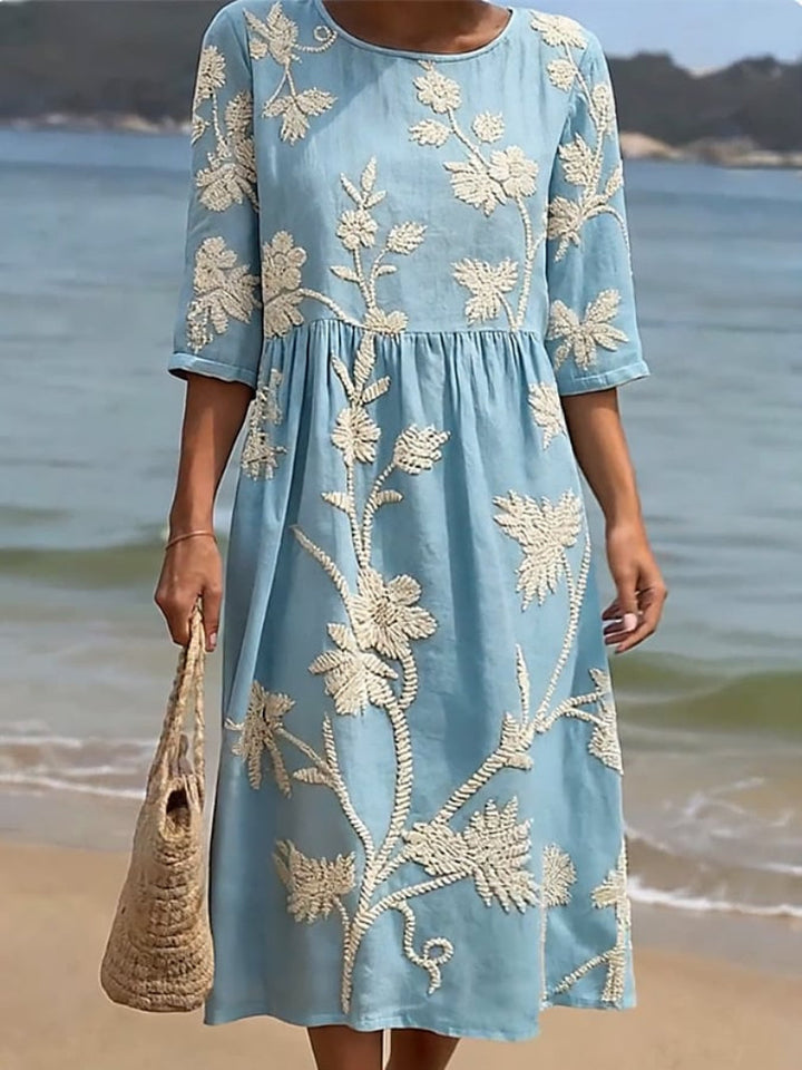 Women's Embroidered Floral Round Neck Sleeve Midi Dress