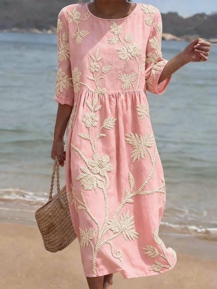 Women's Embroidered Floral Round Neck Sleeve Midi Dress