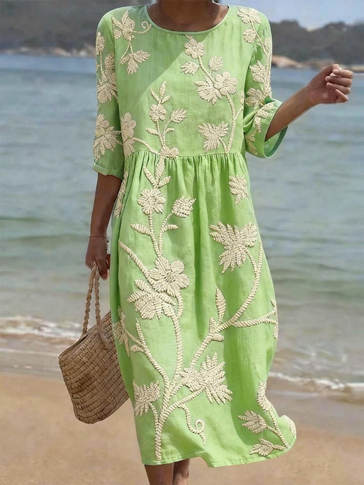 Women's Embroidered Floral Round Neck Sleeve Midi Dress