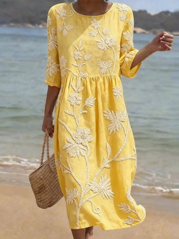 Women's Embroidered Floral Round Neck Sleeve Midi Dress