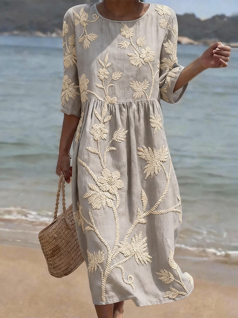 Women's Embroidered Floral Round Neck Sleeve Midi Dress