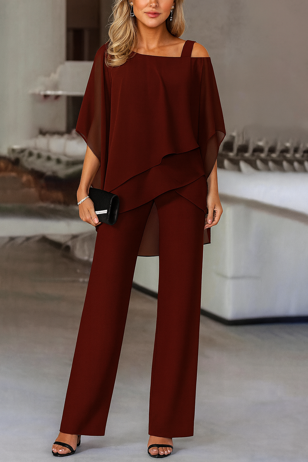 Women's One-Shoulder Chiffon Top and Trousers Evening Set