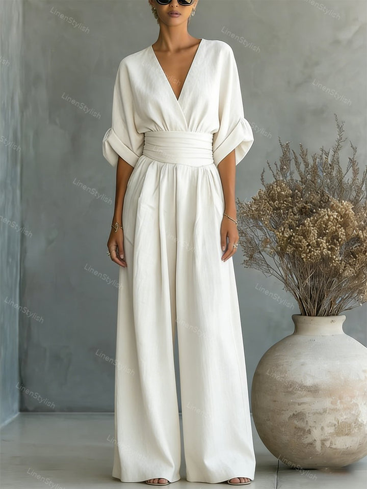 Women's Linen V-Neck Wide Leg Jumpsuit with Pockets