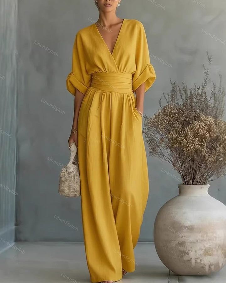 Women's Linen V-Neck Wide Leg Jumpsuit with Pockets