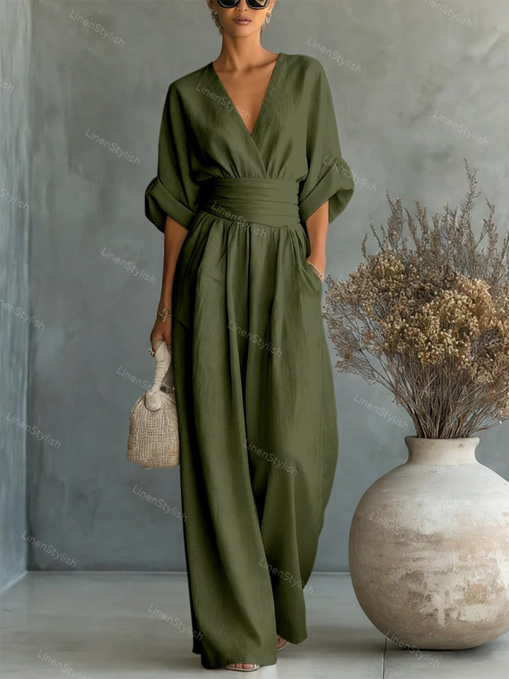 Women's Linen V-Neck Wide Leg Jumpsuit with Pockets