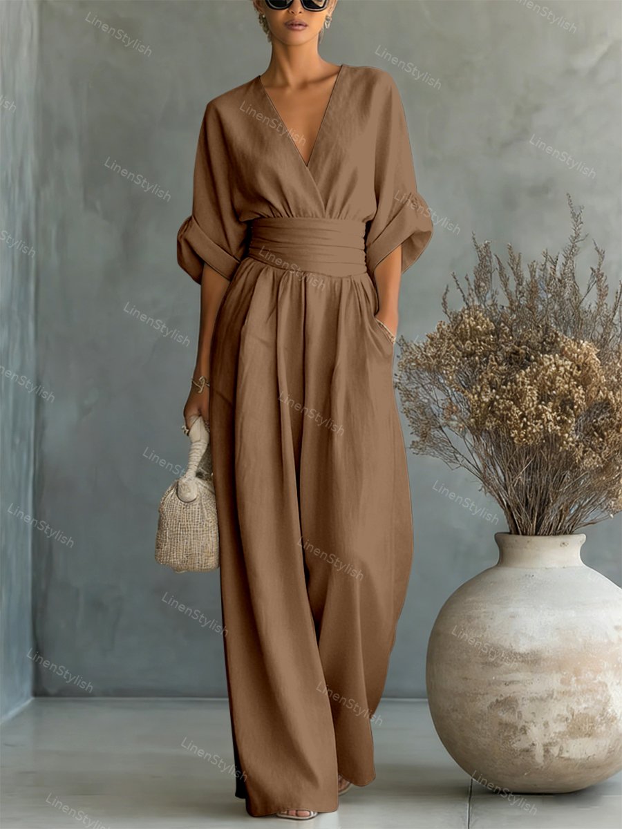 Women's Linen V-Neck Wide Leg Jumpsuit with Pockets