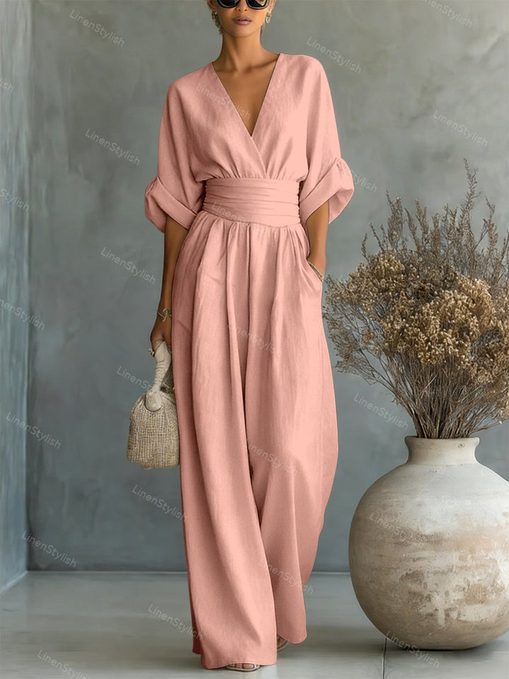 Women's Linen V-Neck Wide Leg Jumpsuit with Pockets