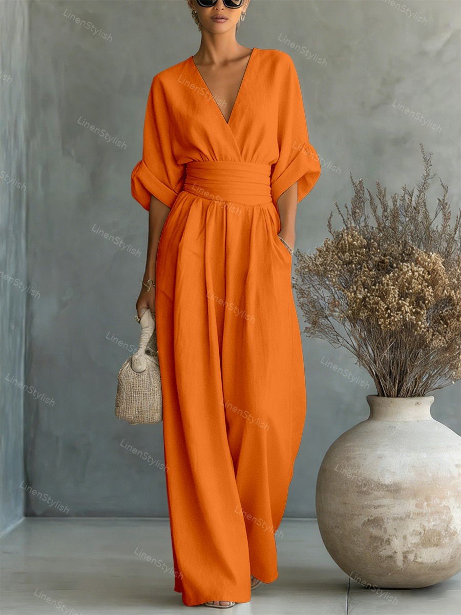 Women's Linen V-Neck Wide Leg Jumpsuit with Pockets