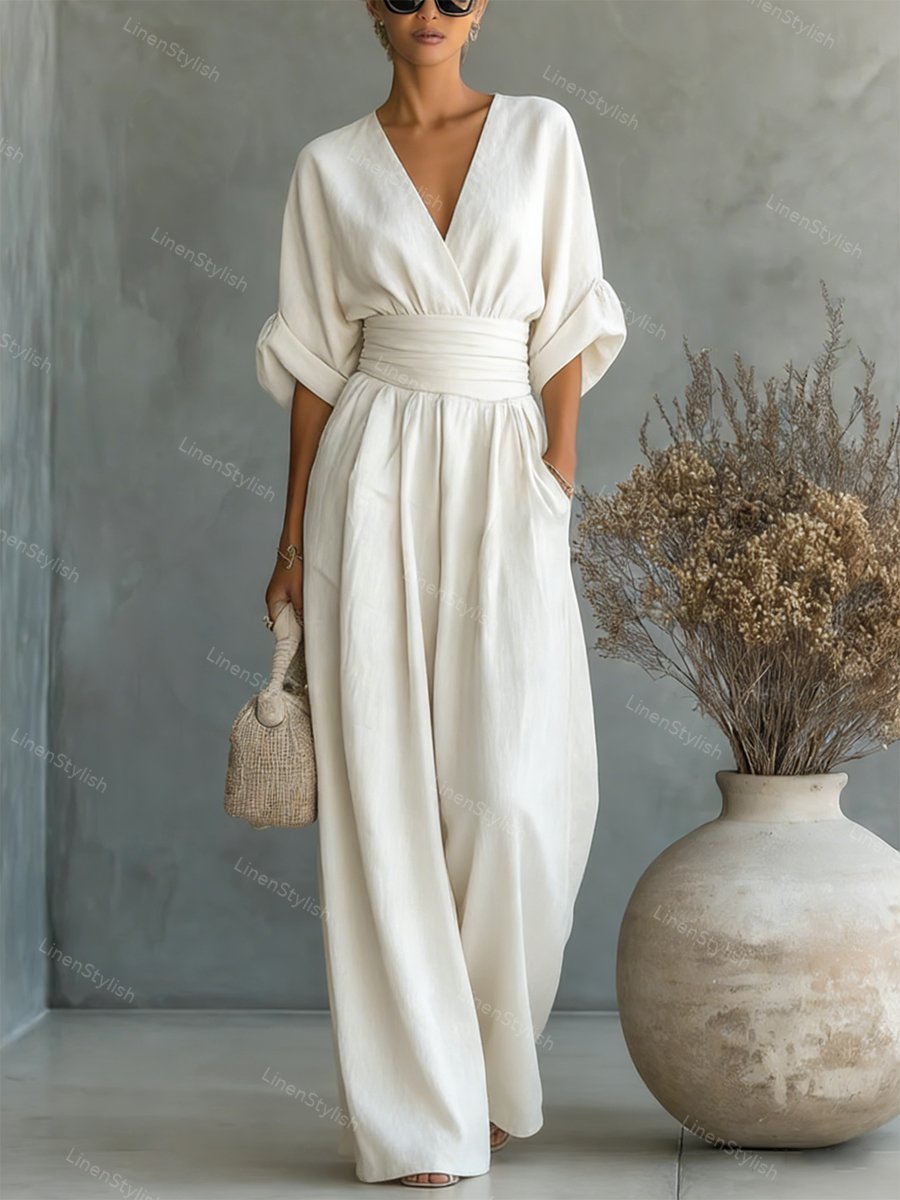 Women's Linen V-Neck Wide Leg Jumpsuit with Pockets