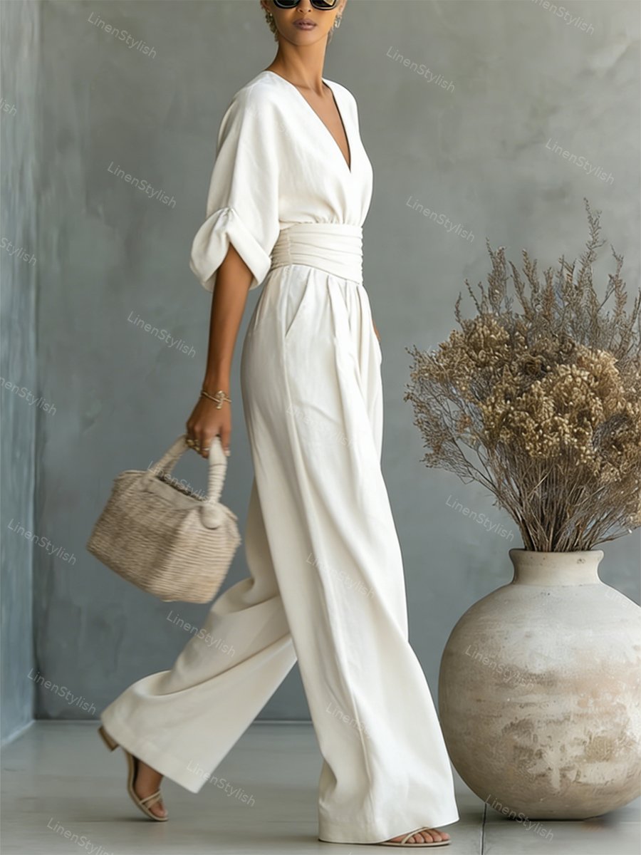 Women's Linen V-Neck Wide Leg Jumpsuit with Pockets