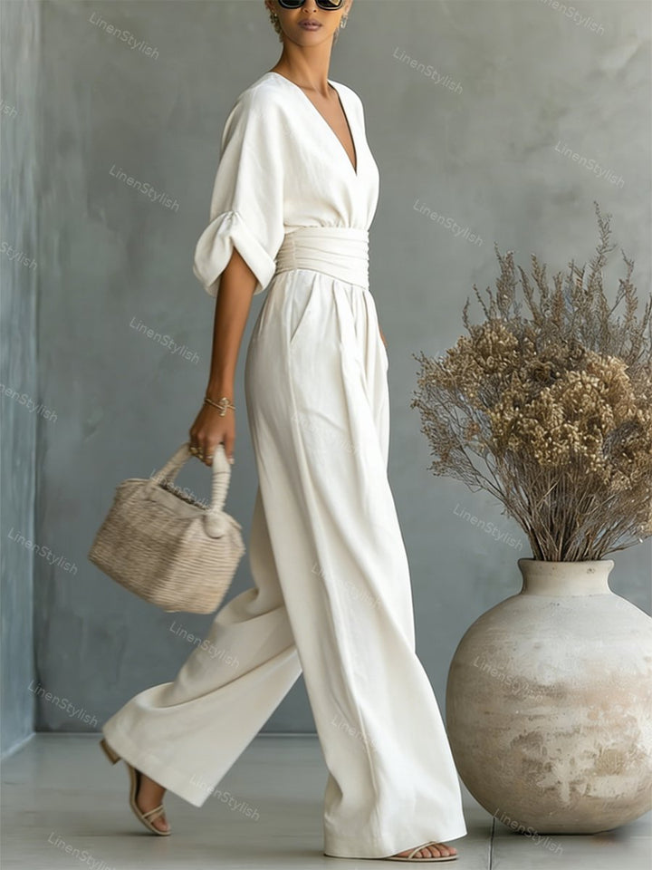 Women's Linen V-Neck Wide Leg Jumpsuit with Pockets