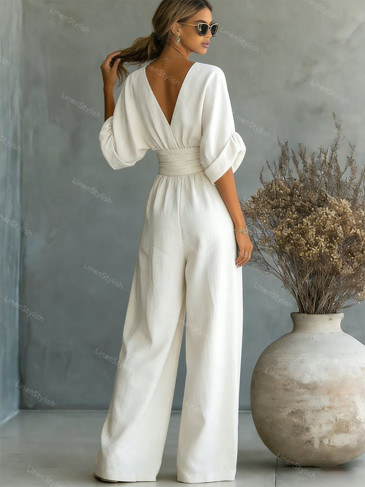 Women's Linen V-Neck Wide Leg Jumpsuit with Pockets