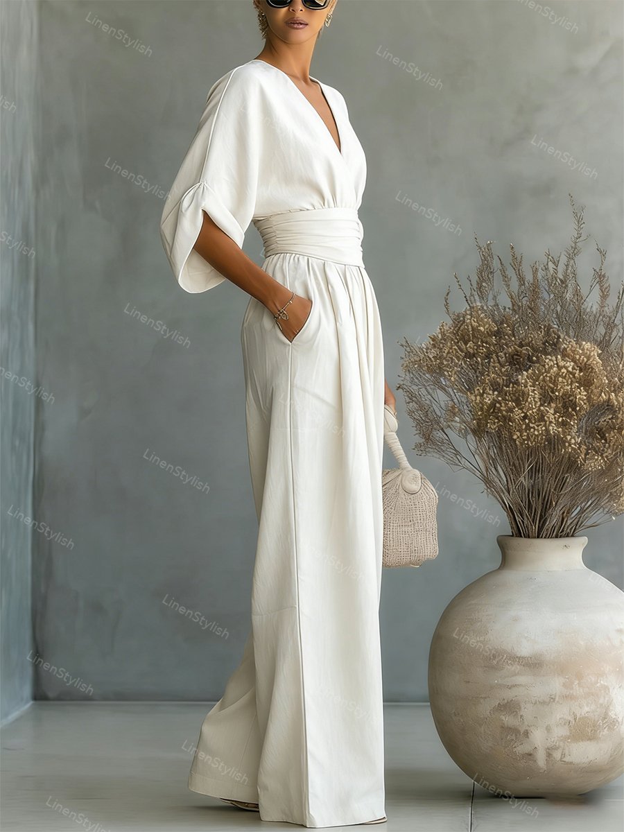 Women's Linen V-Neck Wide Leg Jumpsuit with Pockets