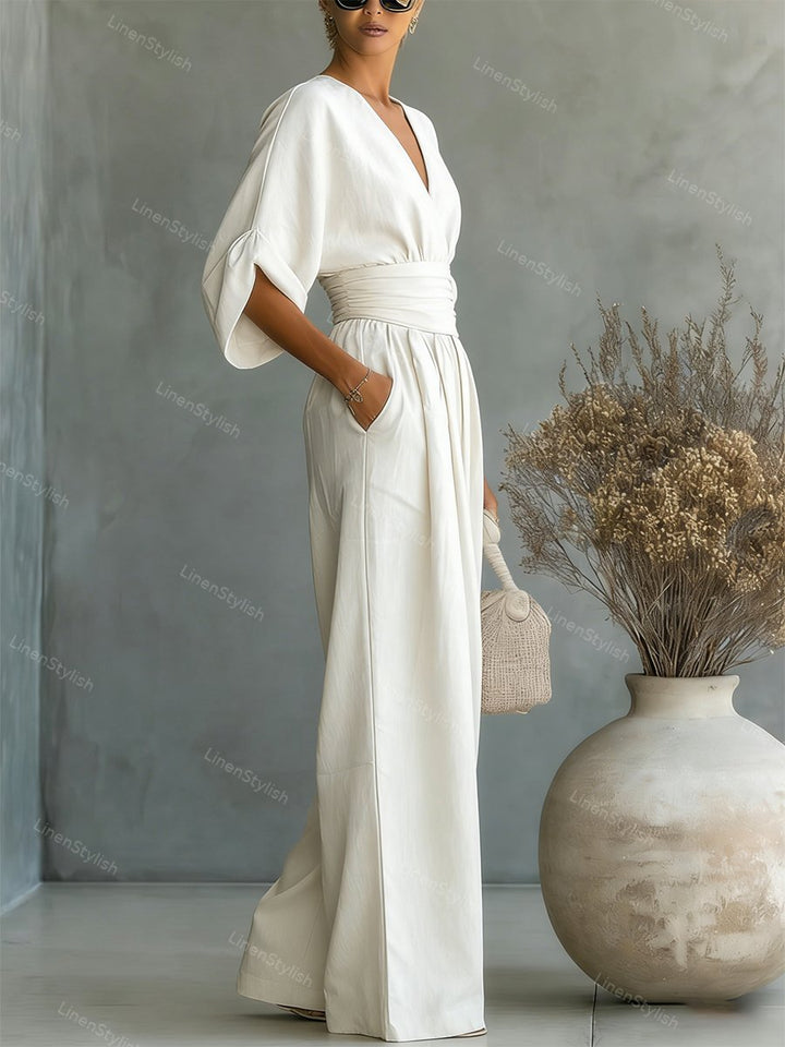 Women's Linen V-Neck Wide Leg Jumpsuit with Pockets