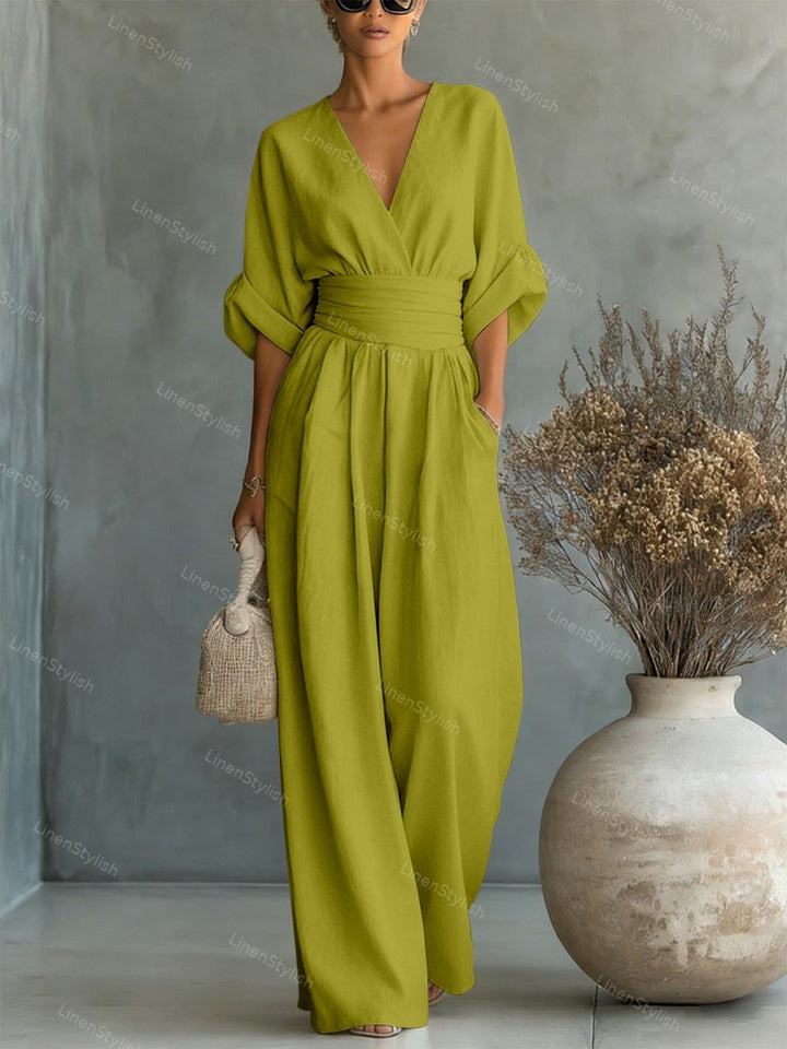Women's Linen V-Neck Wide Leg Jumpsuit with Pockets