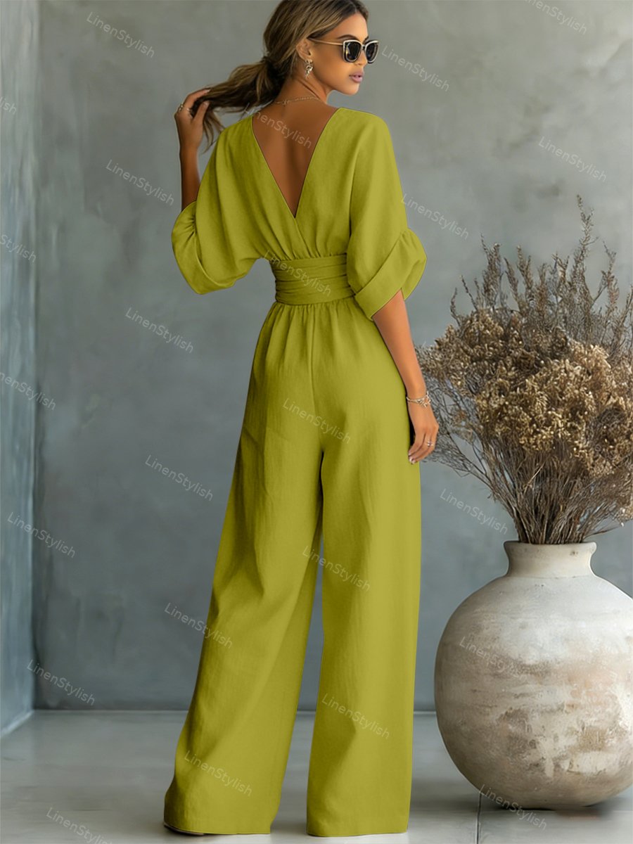 Women's Linen V-Neck Wide Leg Jumpsuit with Pockets