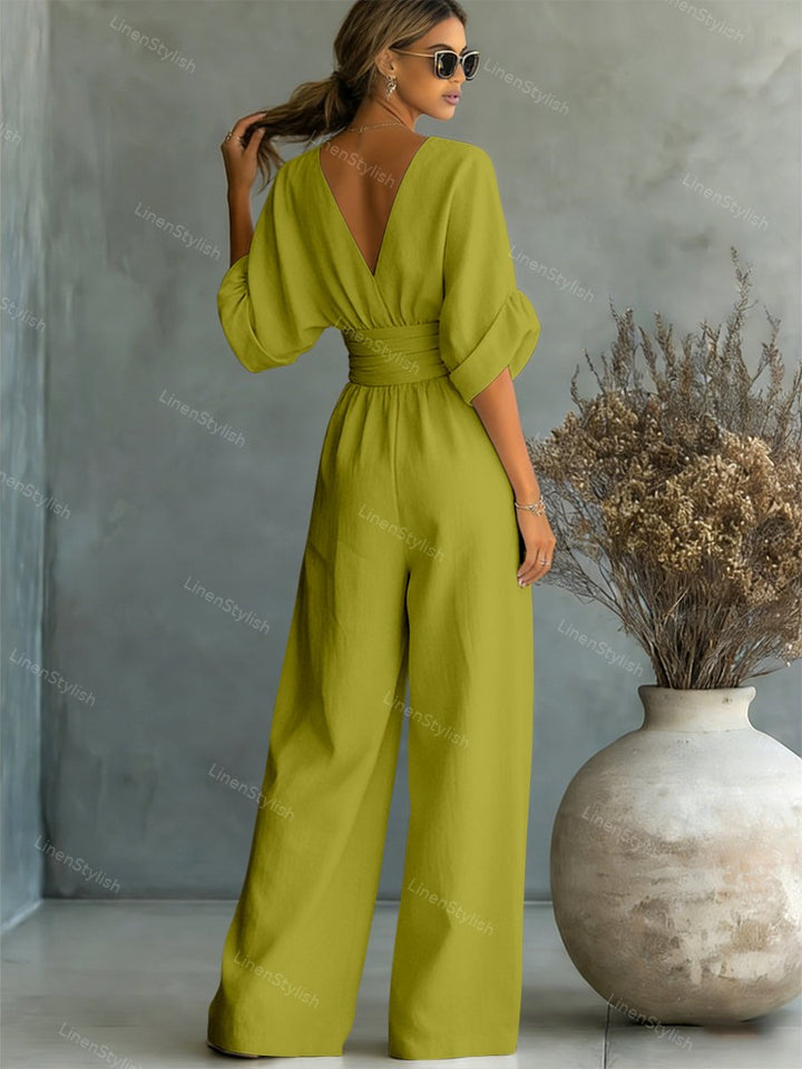 Women's Linen V-Neck Wide Leg Jumpsuit with Pockets