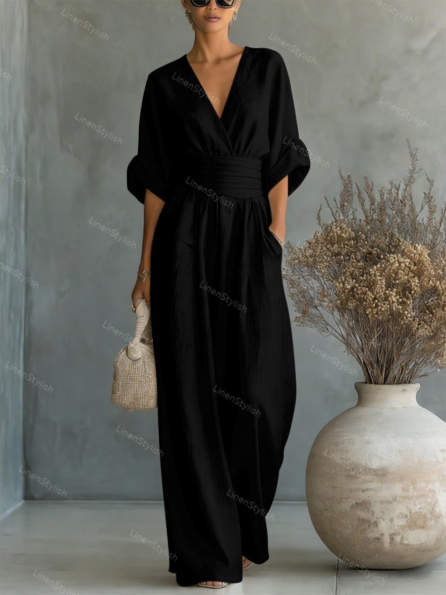 Women's Linen V-Neck Wide Leg Jumpsuit with Pockets