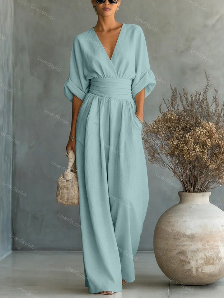 Women's Linen V-Neck Wide Leg Jumpsuit with Pockets