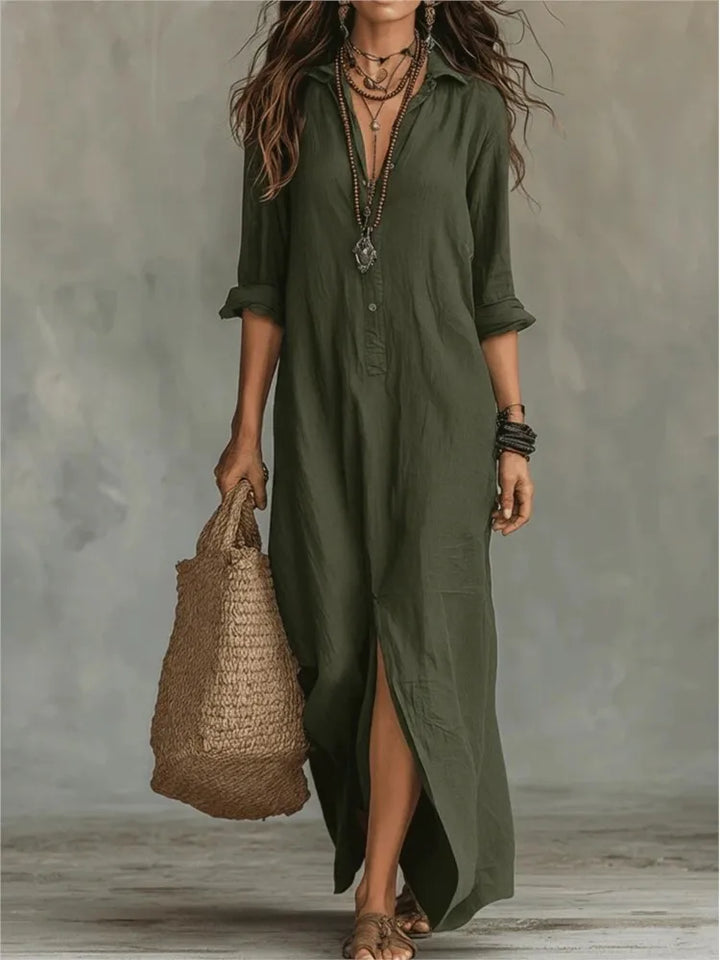 Women's Maxi Shirt Dress with Lapel Collar, Button Placket and Side Split