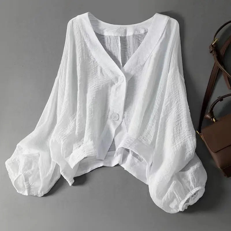 Women's Linen V-Neck Batwing Sleeve Blouse with Button Detail