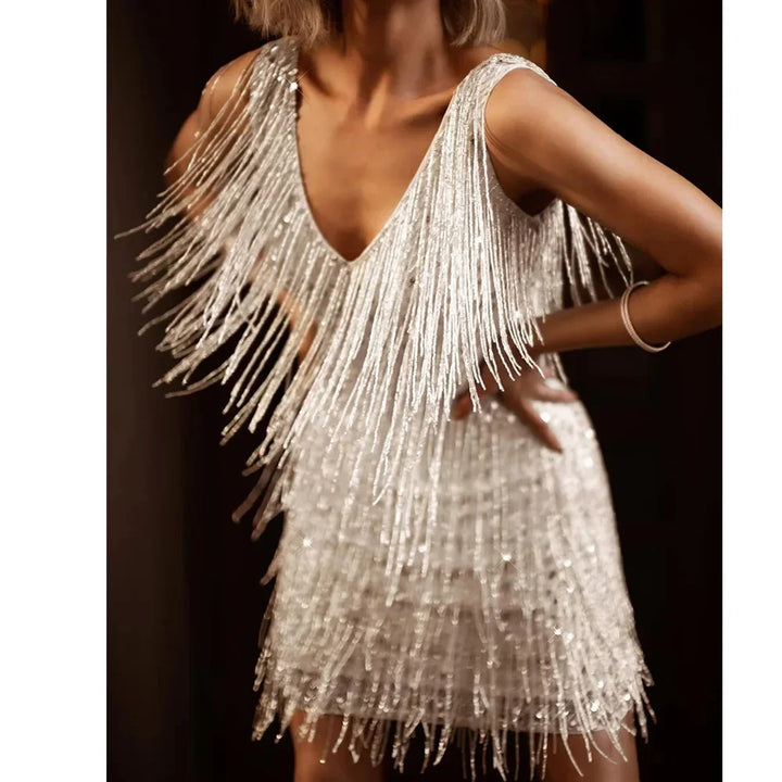 Women's Sequin Fringe V-Neck Sleeveless A-Line Cocktail Dress